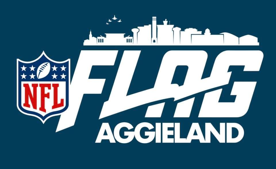 A logo for nfl flag aggieland on a blue background