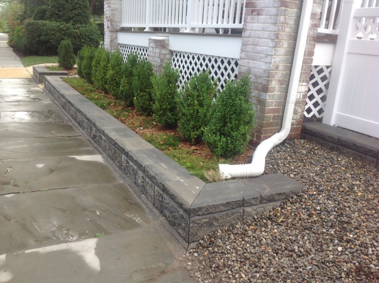 A brick wall with bushes and a drainpipe in front of a house.
