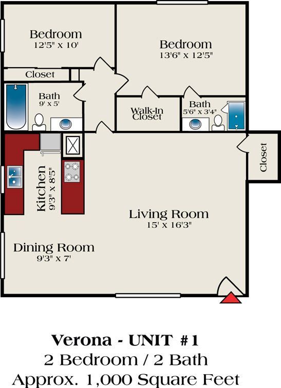 The floor plan for verona unit # 1 shows two bedrooms and two baths
