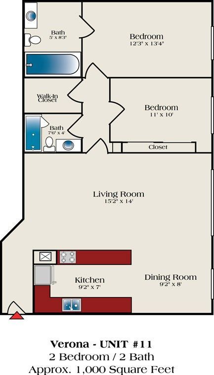 A floor plan for verona unit # 11 with 2 bedrooms and 2 baths