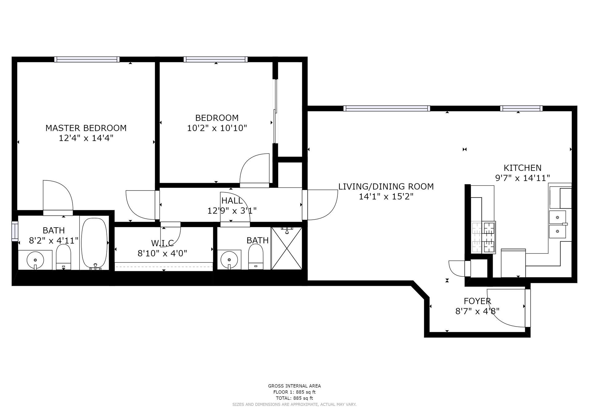 A black and white floor plan of a house with two bedrooms and a kitchen.