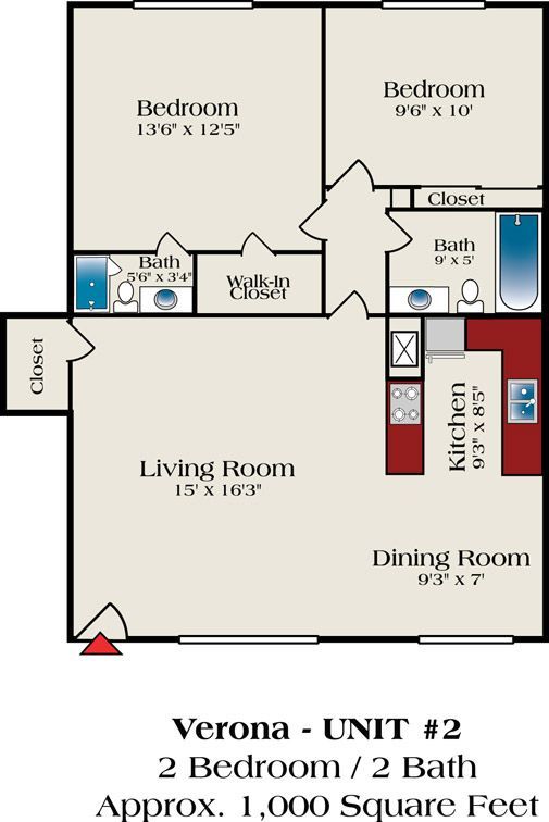 A floor plan of a 2 bedroom apartment with approx 1000 square feet