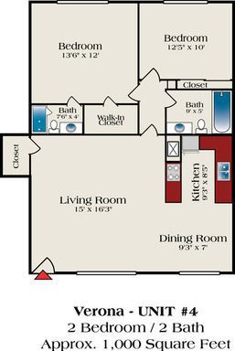 A floor plan of a house with two bedrooms and two baths