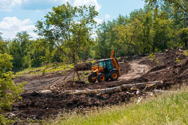 A yellow tractor is clearing the area and preparing the park for maintenance.