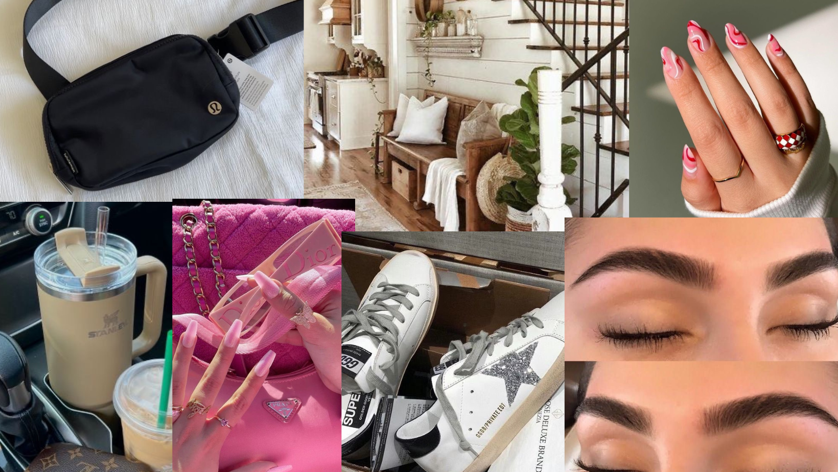 a collage of photos of a woman 's face , nails , shoes , a purse , and a ring