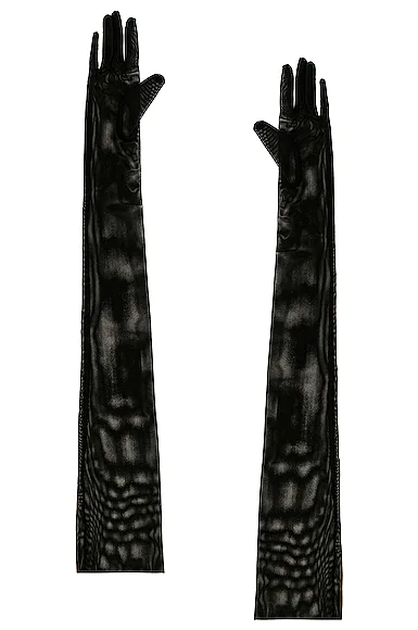 Black, long gloves with open palms, appearing to be made of textured leather.