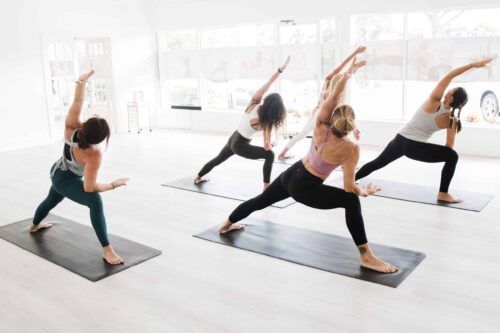 a group of women are practicing yoga in a gym .