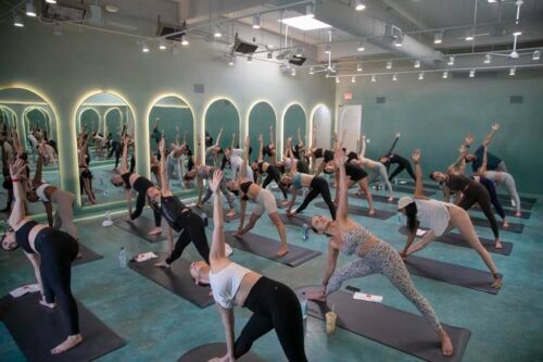 a group of people are doing yoga in a gym .