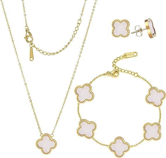 a necklace , bracelet , and earring set with white clovers on a gold chain .