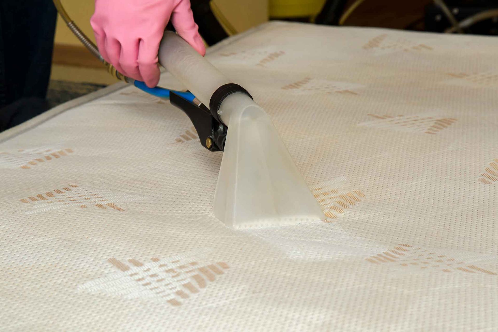 A person is cleaning a mattress with a vacuum cleaner.