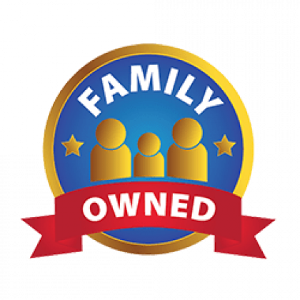 Family owned logo with a gold circle, blue background, and three gold silhouettes.