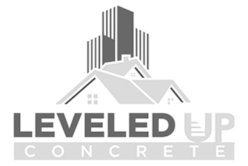 Logo for Leveled Up Concrete: buildings and house in gray with company name below.