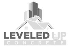 Logo for Leveled Up Concrete: buildings and house in gray with company name below.