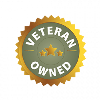 Gold Veteran Owned seal with three stars, green background.