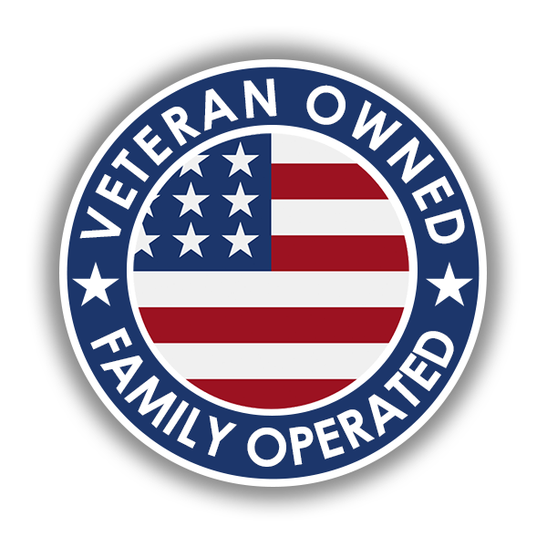 Veteran Owned and Family Operated business logo with American flag.