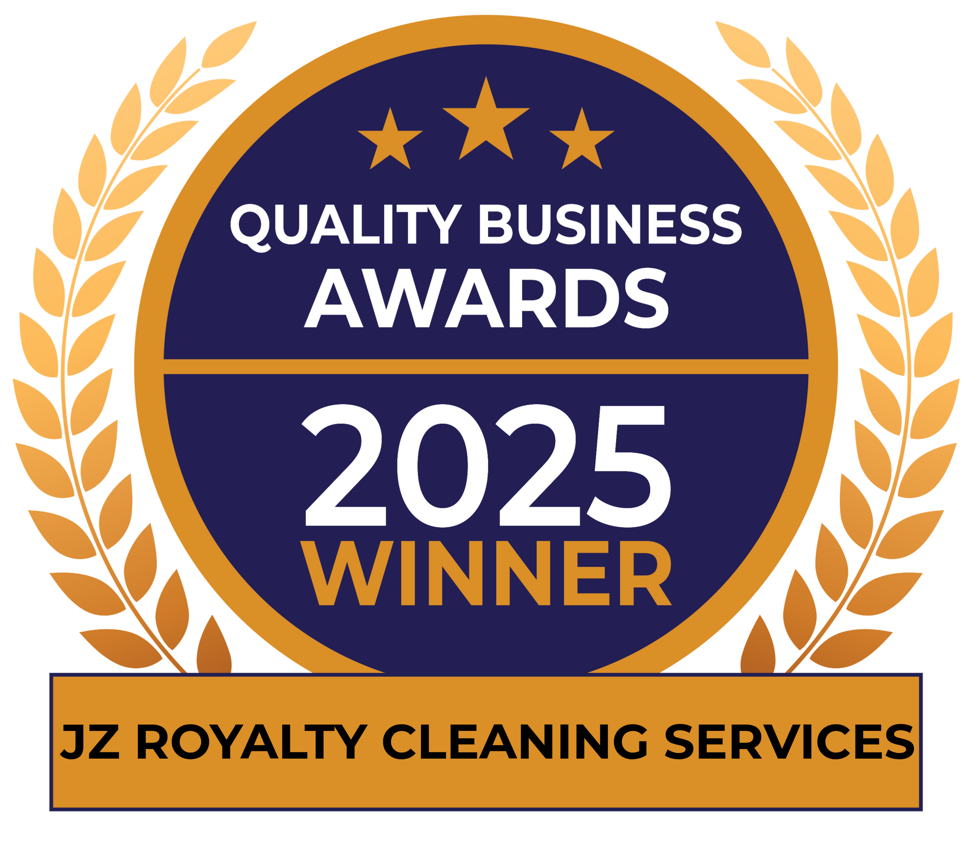A gold and dark blue Quality Business Awards 2025 winner badge for JZ Royalty Cleaning Services with a laurel wreath frame.