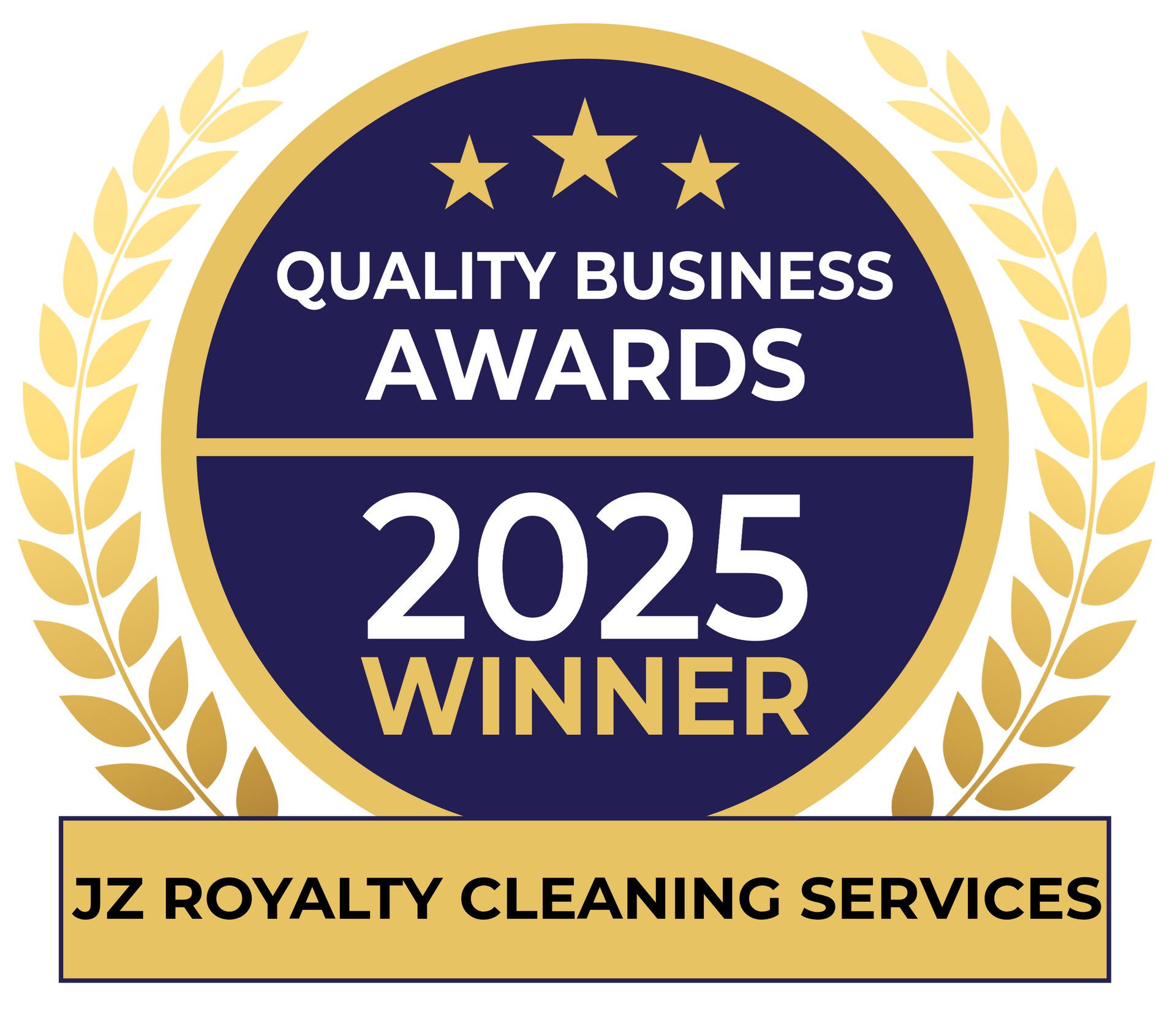 A gold-and-navy Quality Business Awards 2025 winner emblem for JZ Royalty Cleaning Services framed by laurel leaves.