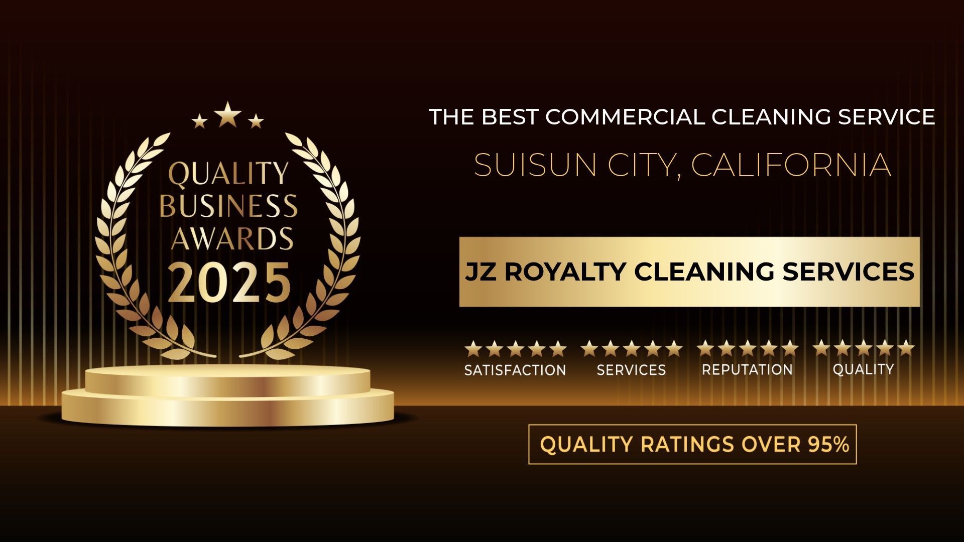 A Quality Business Award 2025 graphic for JZ Royalty Cleaning Services in Suisun City, CA, featuring a gold trophy on black.