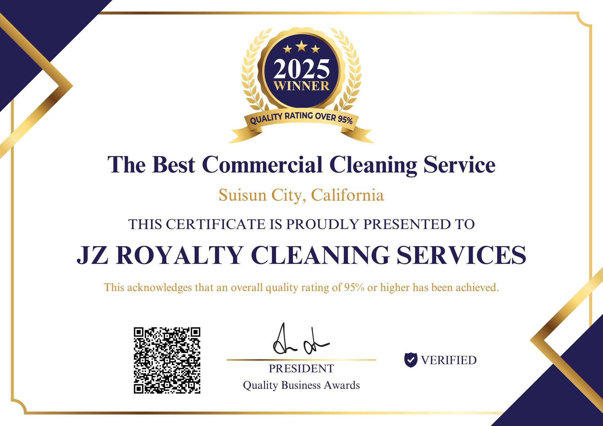 A 2025 Quality Business Award certificate for JZ Royalty Cleaning Services in Suisun City, California.