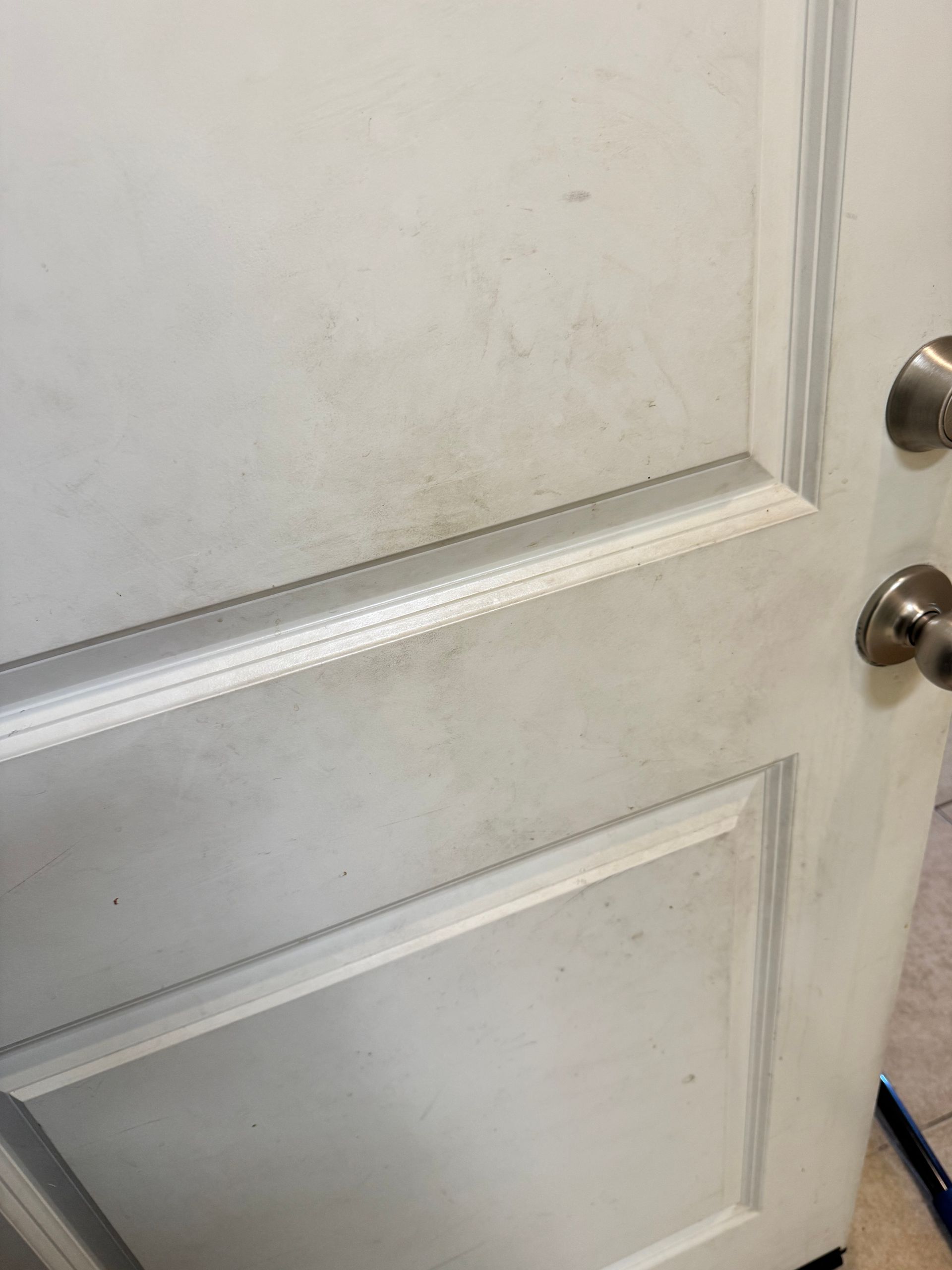 A white painted door with visible dirt and smudges near the door handle and along the middle decorative panel.