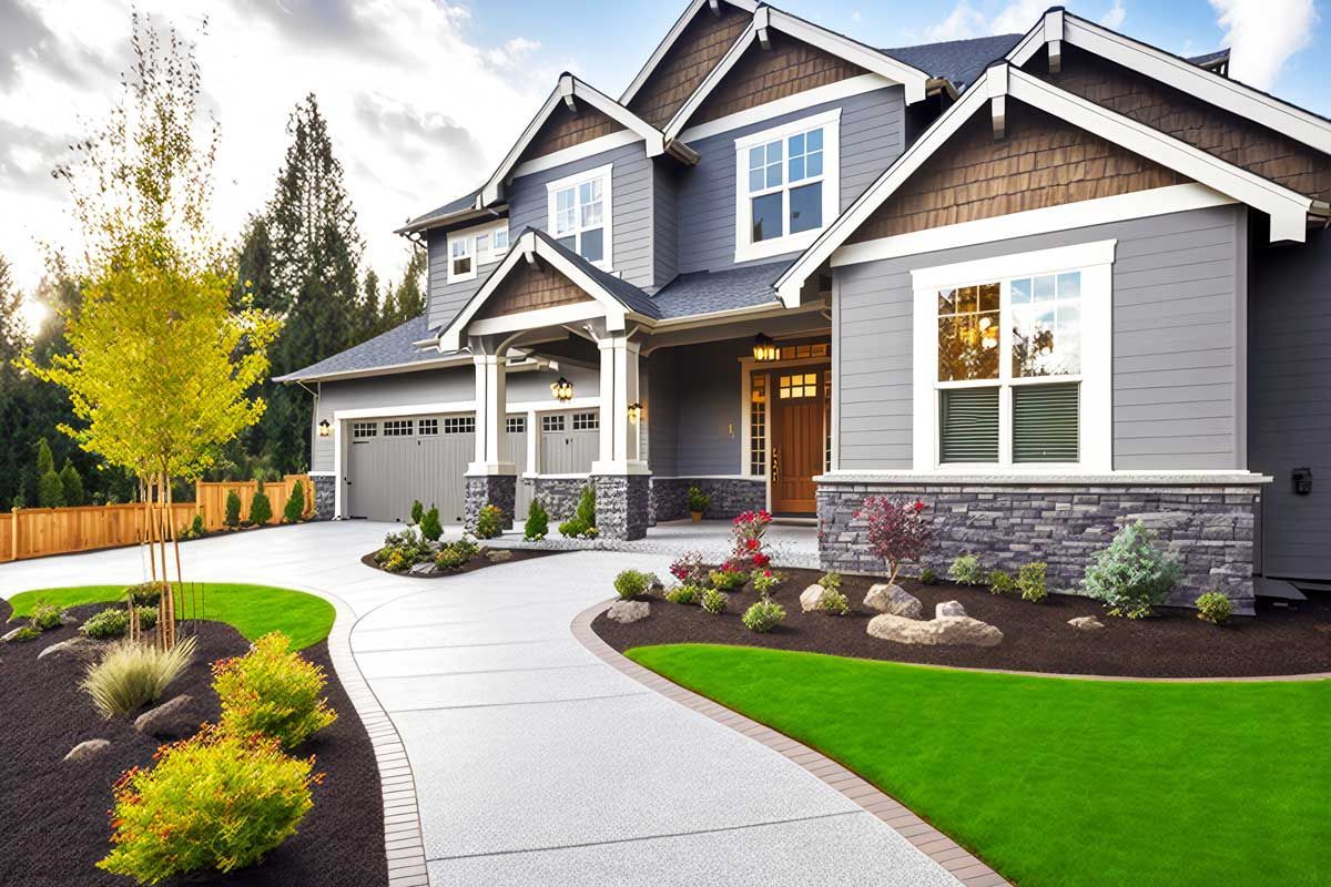 A large house with a lush green lawn and a driveway leading to it.