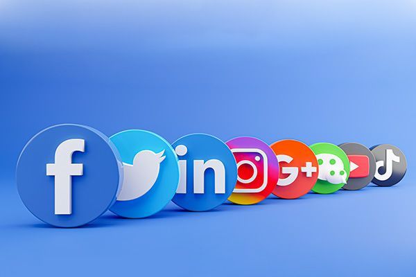 A row of social media icons on a blue background.