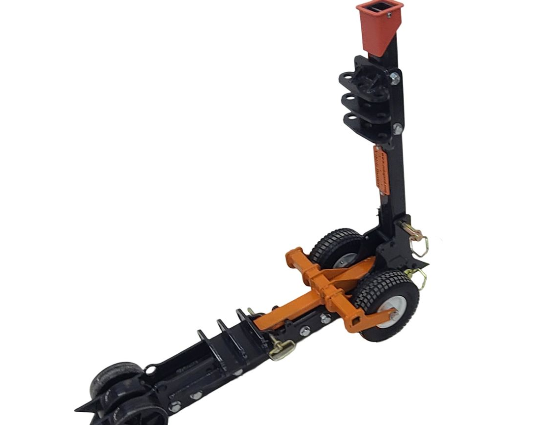 A black and orange trailer dolly with multiple wheels, an orange hitch, and a red receiver.