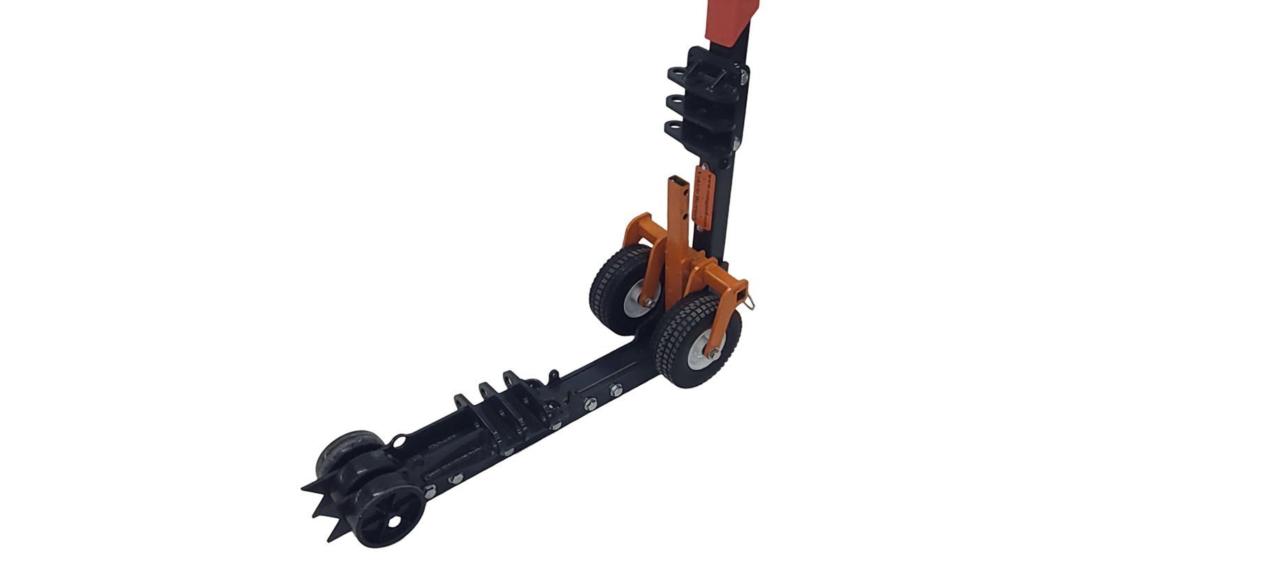 An angled view of a black and orange roller skate with three wheels.
