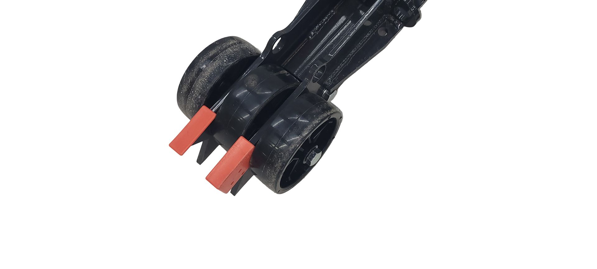 Black heavy-duty vehicle jack stands with bright orange safety markings, arranged on a white background.