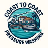 Logo for Coast to Coast Pressure Washing showing a hand spraying water on a coastal home, pool, and boat.