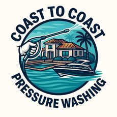 Logo for Coast to Coast Pressure Washing showing a hand spraying water on a coastal home, pool, and boat.