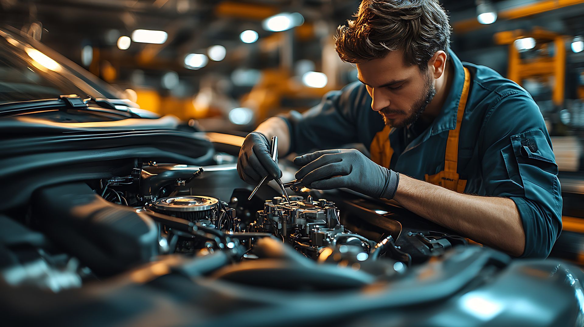 A man is working on the engine of a car in a garage.
