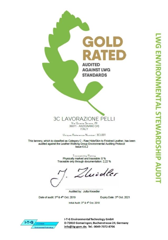 certificato di eccellenza LWG Gold