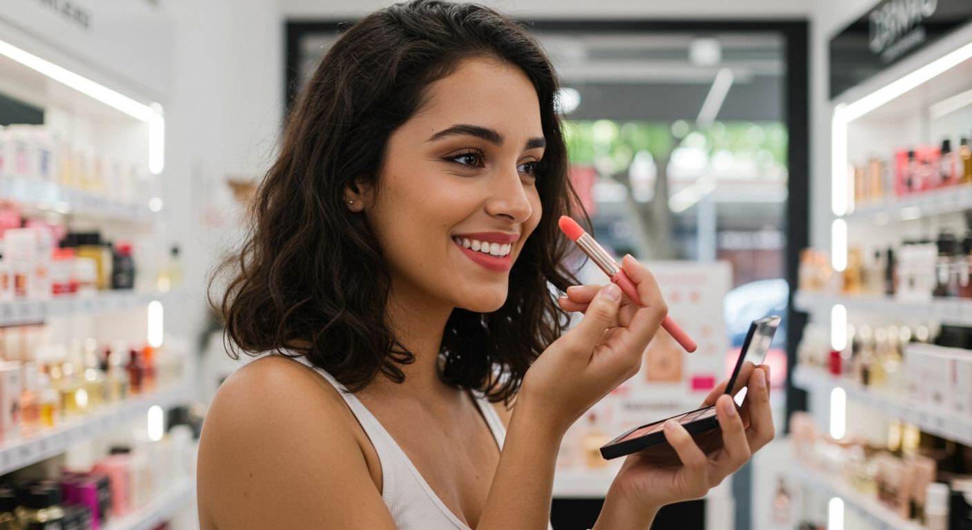 Consumidora testando maquiagem em loja de beleza em ambiente iluminado e moderno de perfumaria.