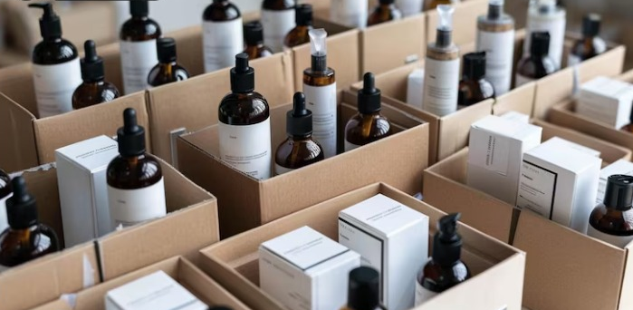 Cosméticos e produtos de beleza vencidos, embalados e parados no estoque de uma loja.