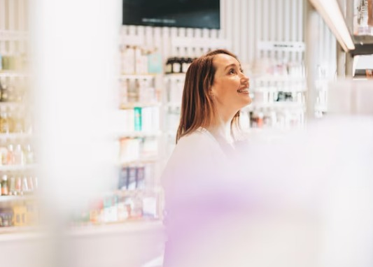 Mulher sorrindo enquanto observa prateleiras de cosméticos em uma loja de beleza.