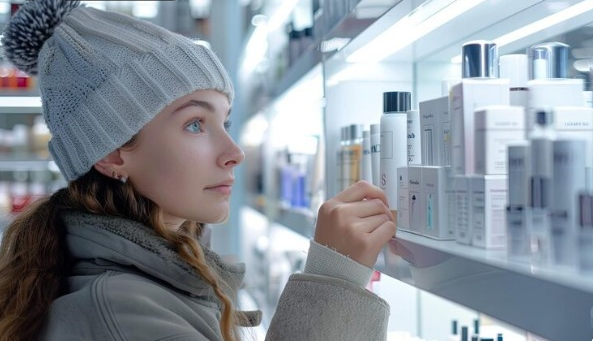 Mulher de gorro escolhendo produtos em prateleira de loja de cosméticos durante o inverno.
