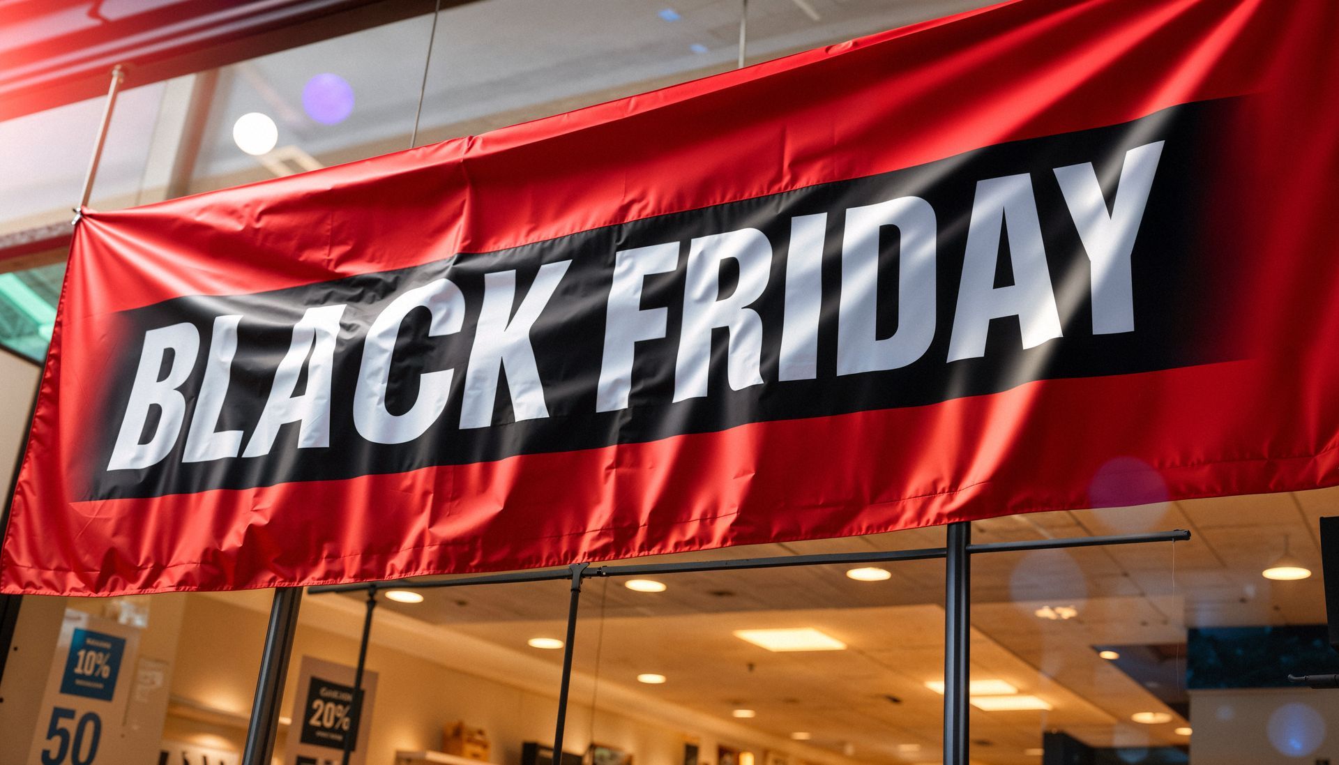 Banner vermelho de Black Friday exposto na entrada de uma loja, representando promoções especiais.