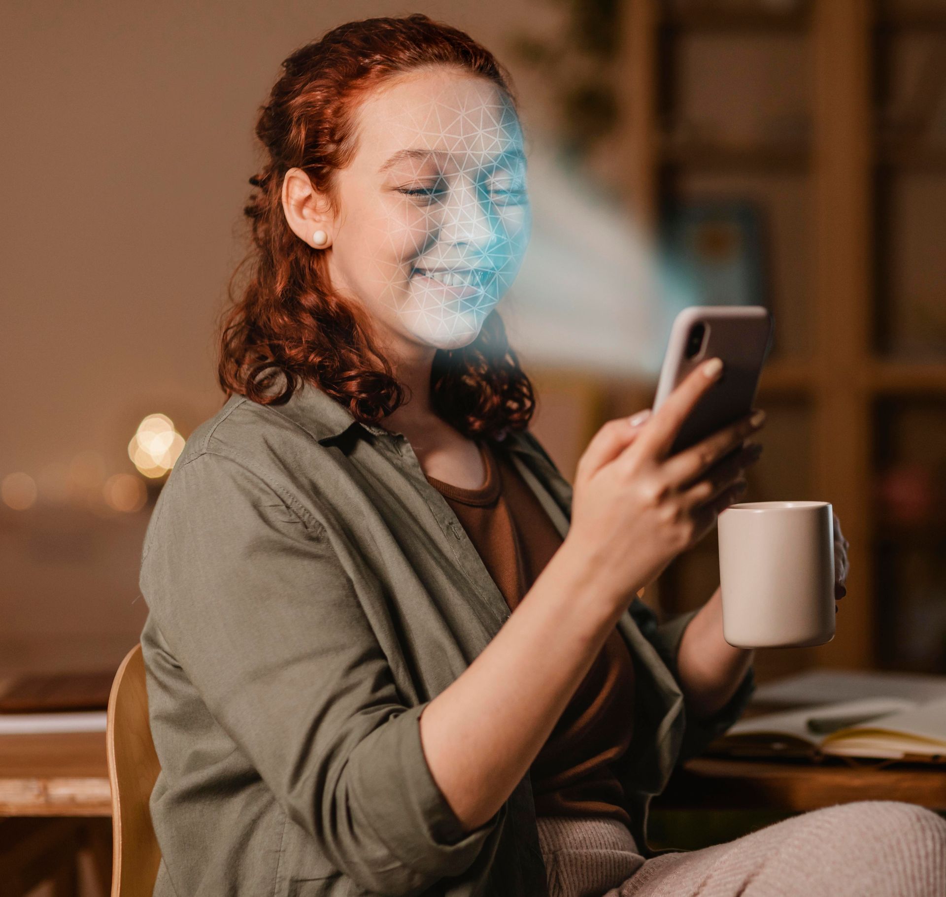 Mulher utilizando inteligência artificial para reconhecimento facial em app de beleza