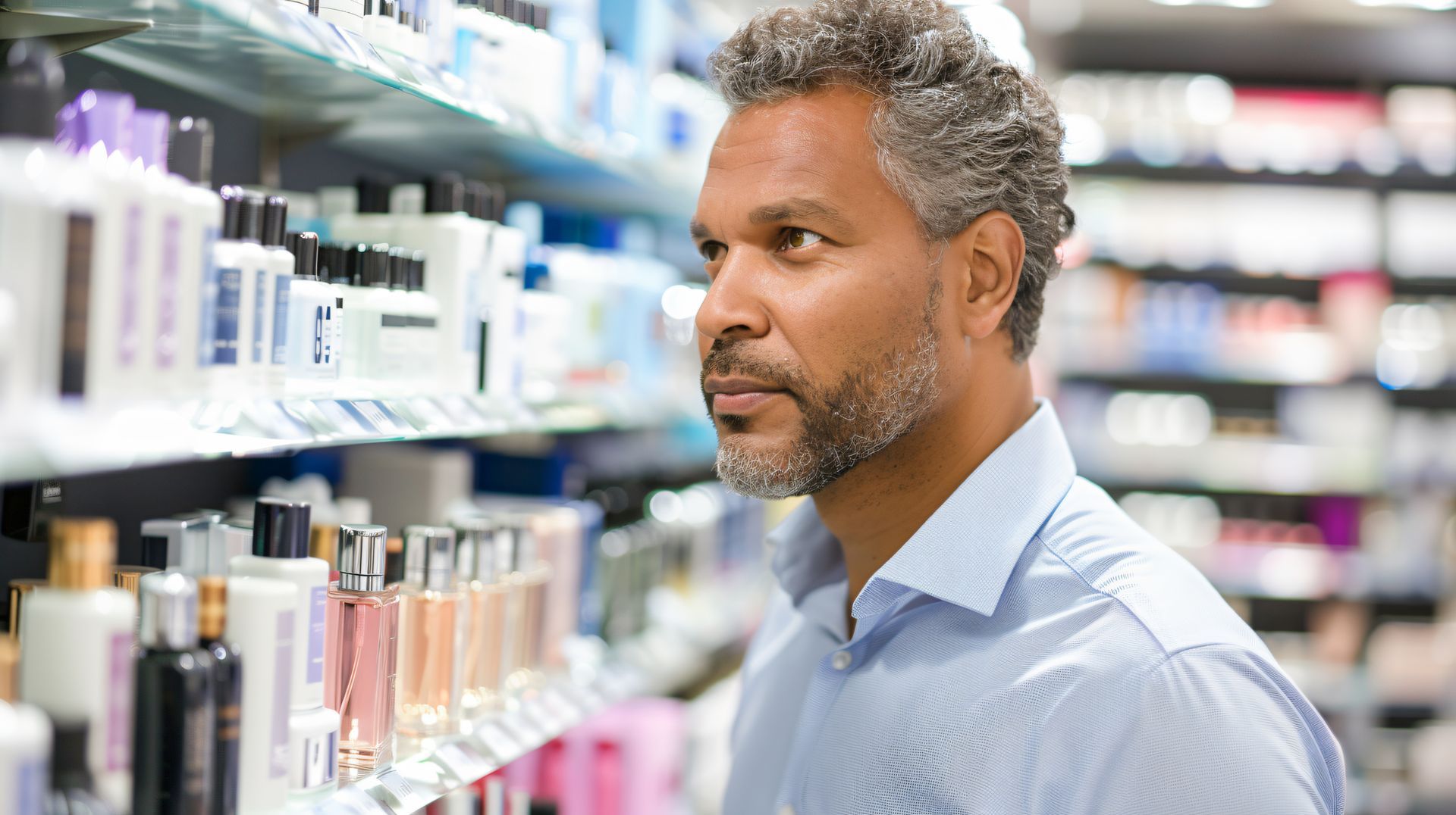 Lojista em prateleiras de loja de cosméticos para abastecimento de produtos sem ruptura de estoque.