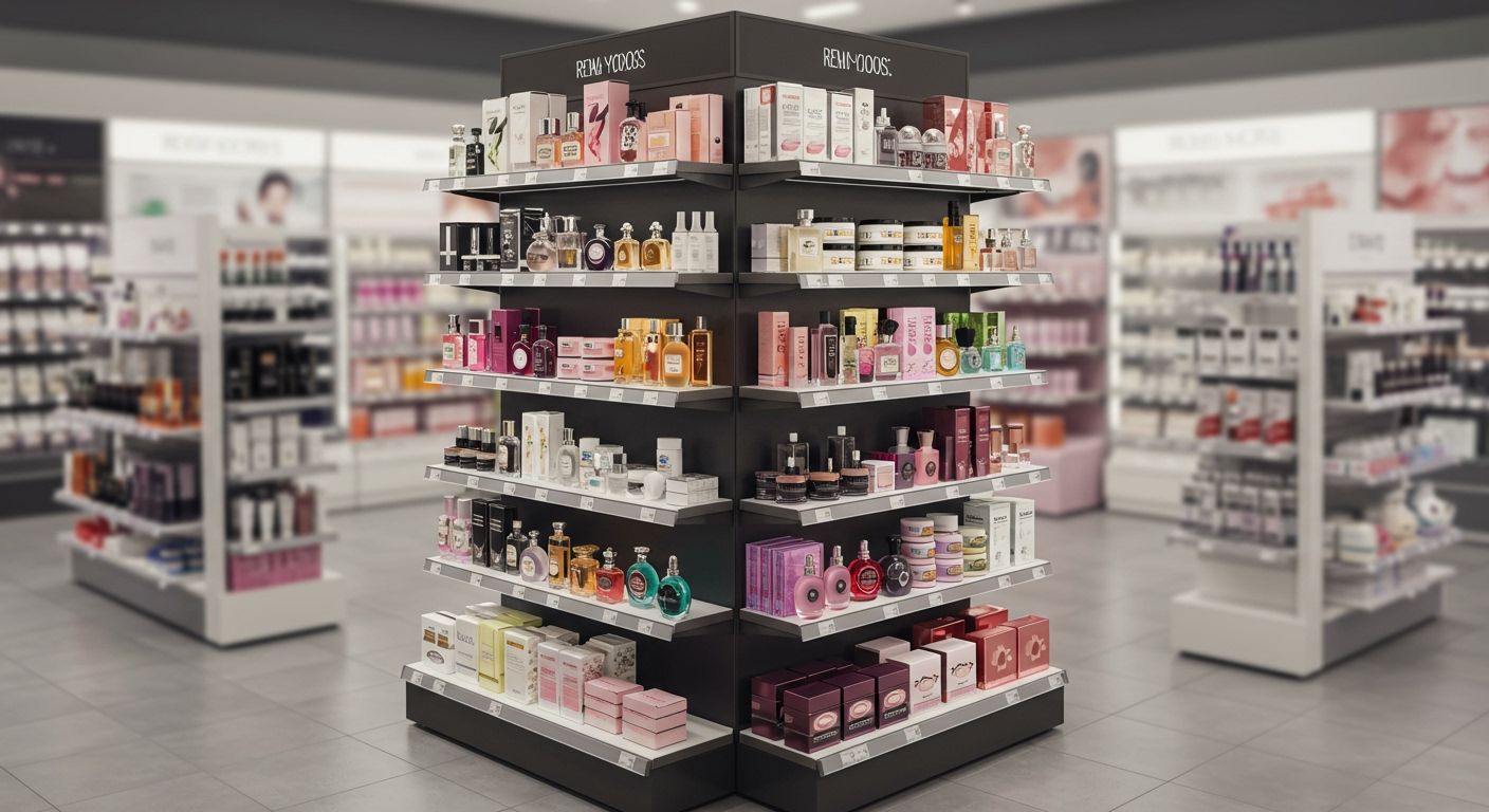 Ponta de gôndola organizada em loja de beleza, cheia de perfumes e cosméticos diversos. 