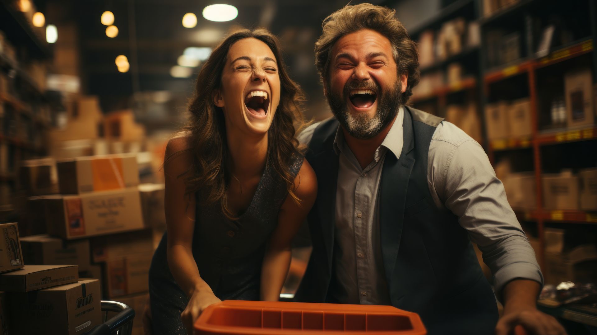 Um homem e uma mulher estão rindo em um armazém.
