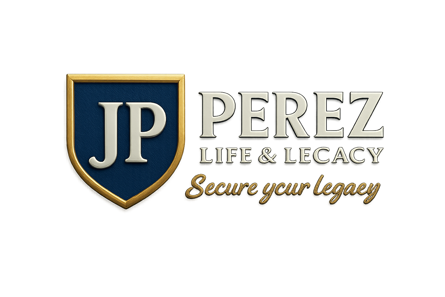 Logo for Perez Life & Legacy: Blue shield with "JP", silver "PEREZ", gold "LIFE & LEGACY", and tagline.