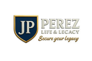 Logo for Perez Life & Legacy: Blue shield with "JP", silver "PEREZ", gold "LIFE & LEGACY", and tagline.