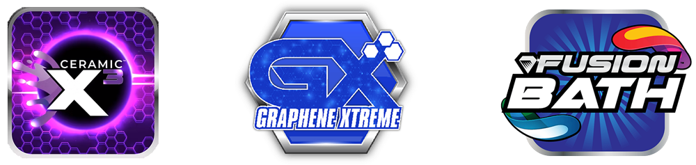 Three logos for a product called Ceramic X3, GX Graphene, and fusion bath