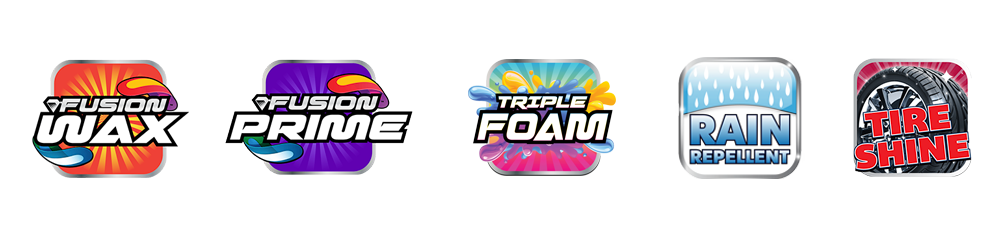 A row of logos for wax, triple foam, and tire shine products