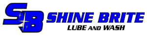 The logo for shine brite lube and wash is blue and black.