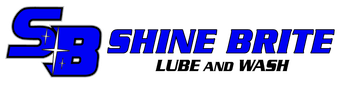 The logo for shine brite lube and wash is blue and black.