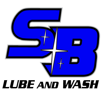 The logo for sb lube and wash is blue and black.