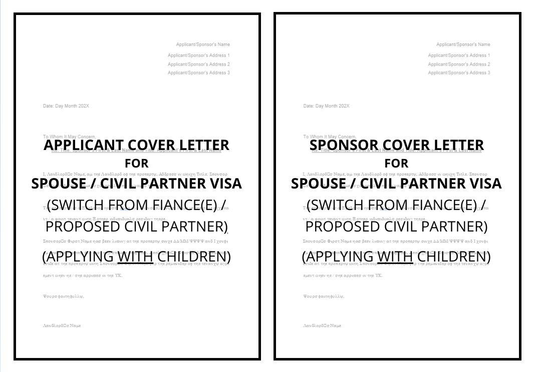 Applicant Cover Letter & Sponsor Letter Templates  (Spouse / Civil Partner Visa Switch from Fiancé(e) / Proposed Civil Partner Visa)